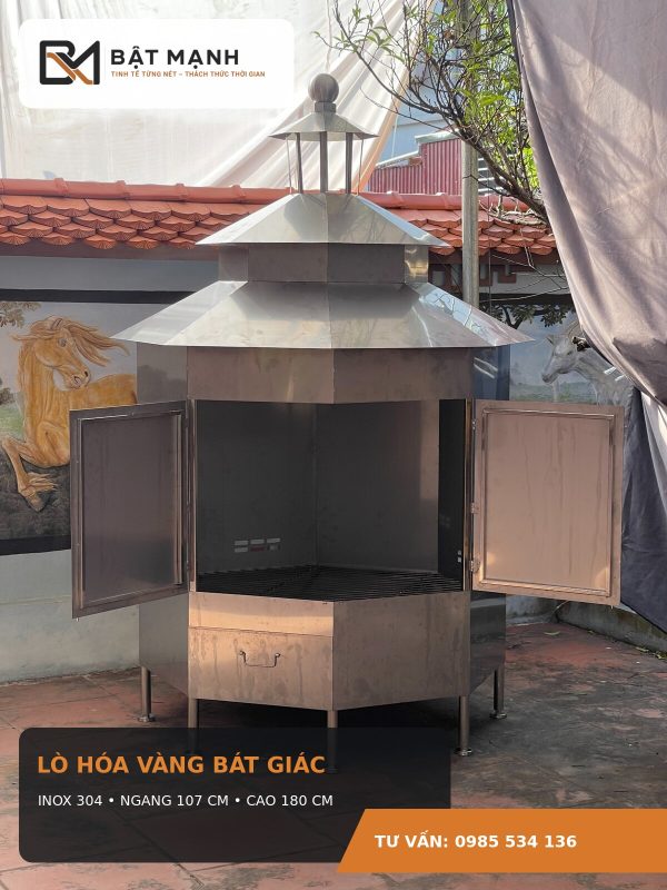 Lò hóa vàng bát giác inox 304 cỡ lớn mở hai cánh cửa, ngang 107 cm, cao 180 cm